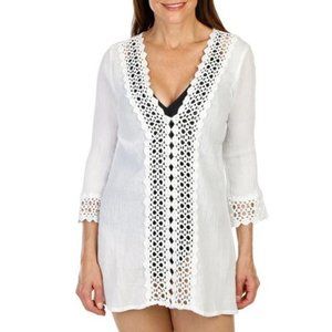 RAVIYA White Cotton Crochet Trim Cover Up | SZ M